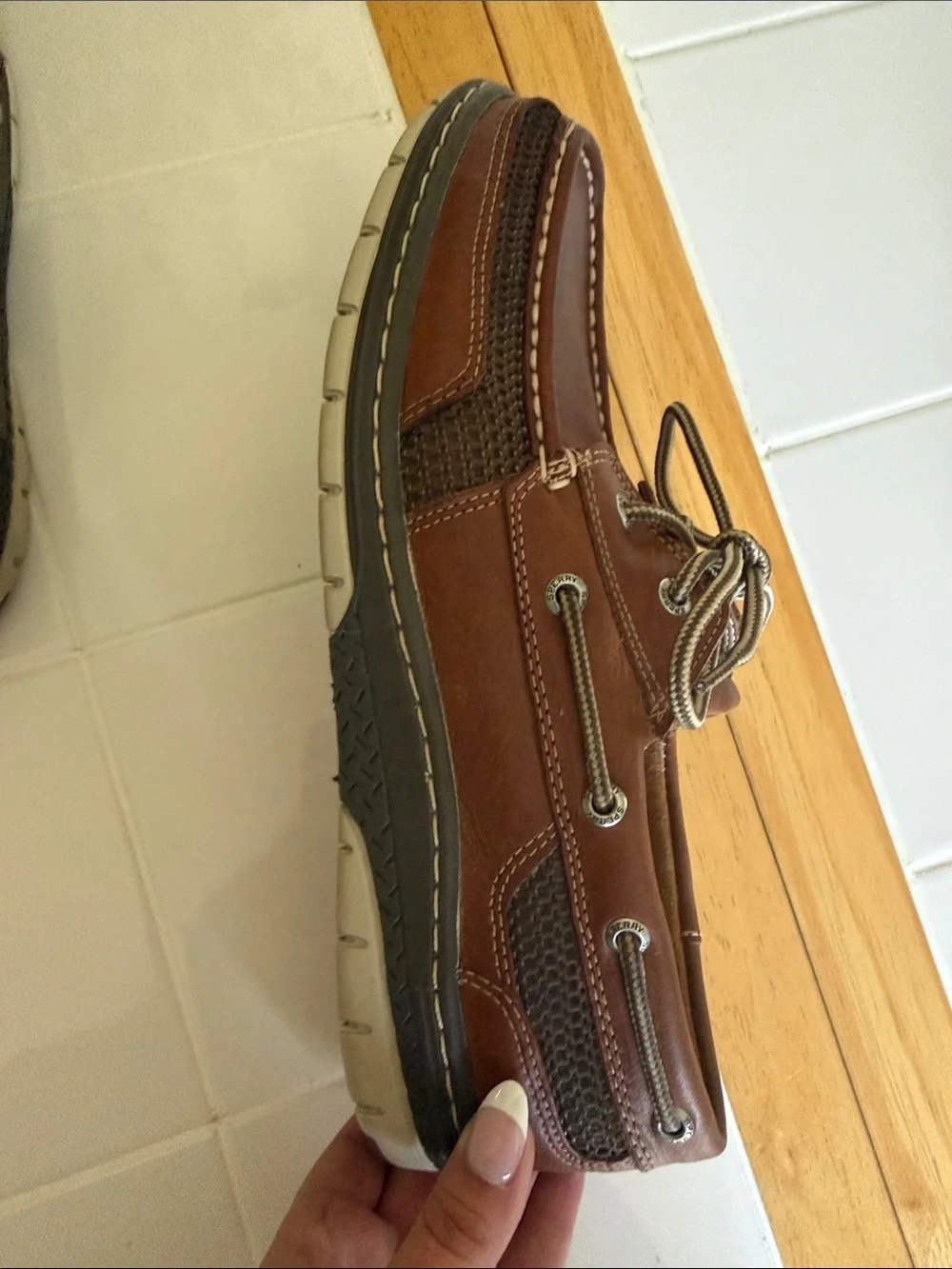 Sperry Men’s Leather Top-Sider Boat Shoes Dark Brown with Gray and Beige